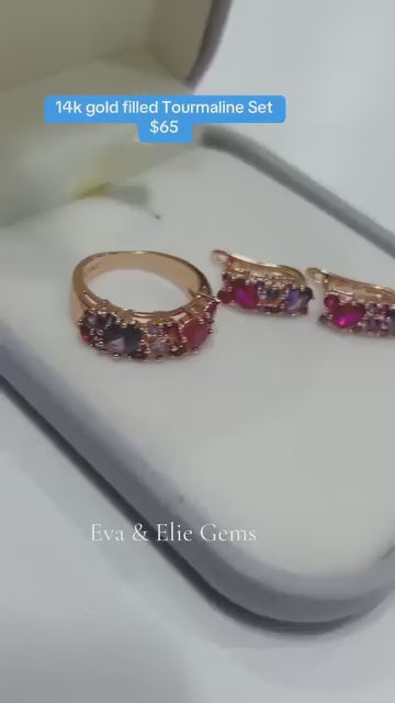  Beautiful 14k gold filled colorful tourmaline jewelry set with a unique spiral design.