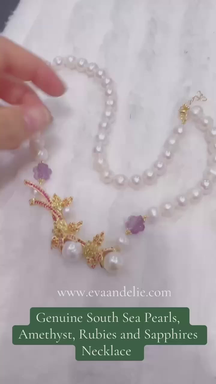 Genuine South Sea pearls, rubies, amethyst & carnelian in a stunning necklace