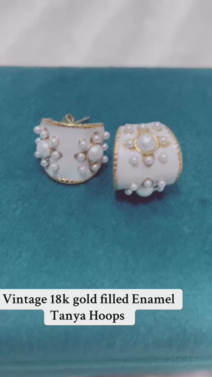 Elegant 18K gold filled Tanya hoops with white enamel and delicate pearls.