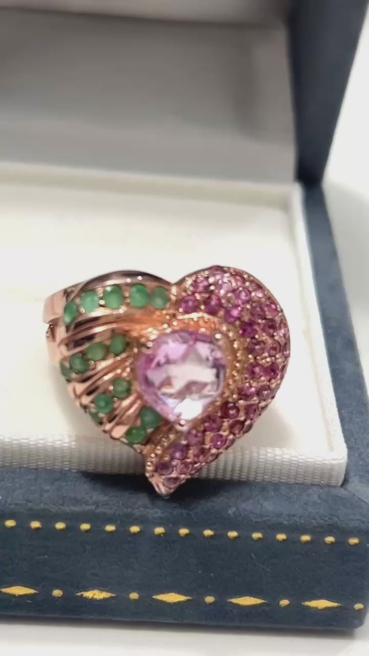 Handmade Heart Ring with Pink Tourmaline, Emerald & Ruby Accents