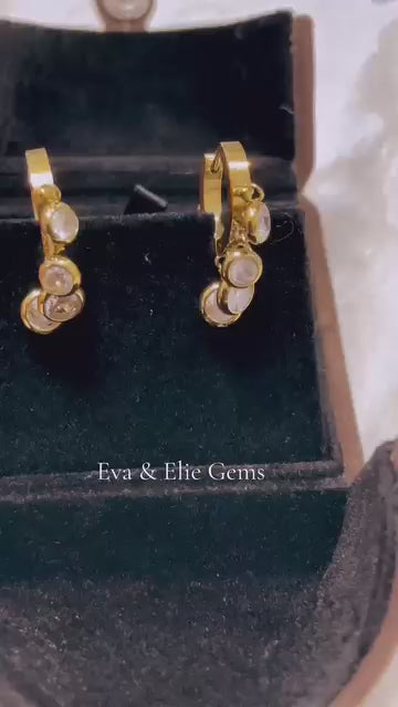 18k gold vermeil fan hippie hoop earrings with dangling stones.