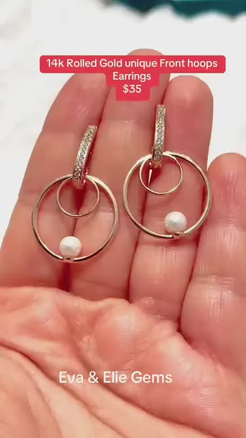 Elegant pearl dangle front hoop earrings in 14k Rolled Gold, modern and chic.