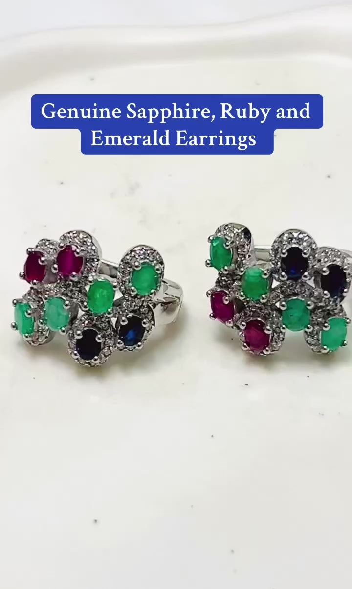 Handmade Sapphire, Emerald and Ruby zig zag Earrings