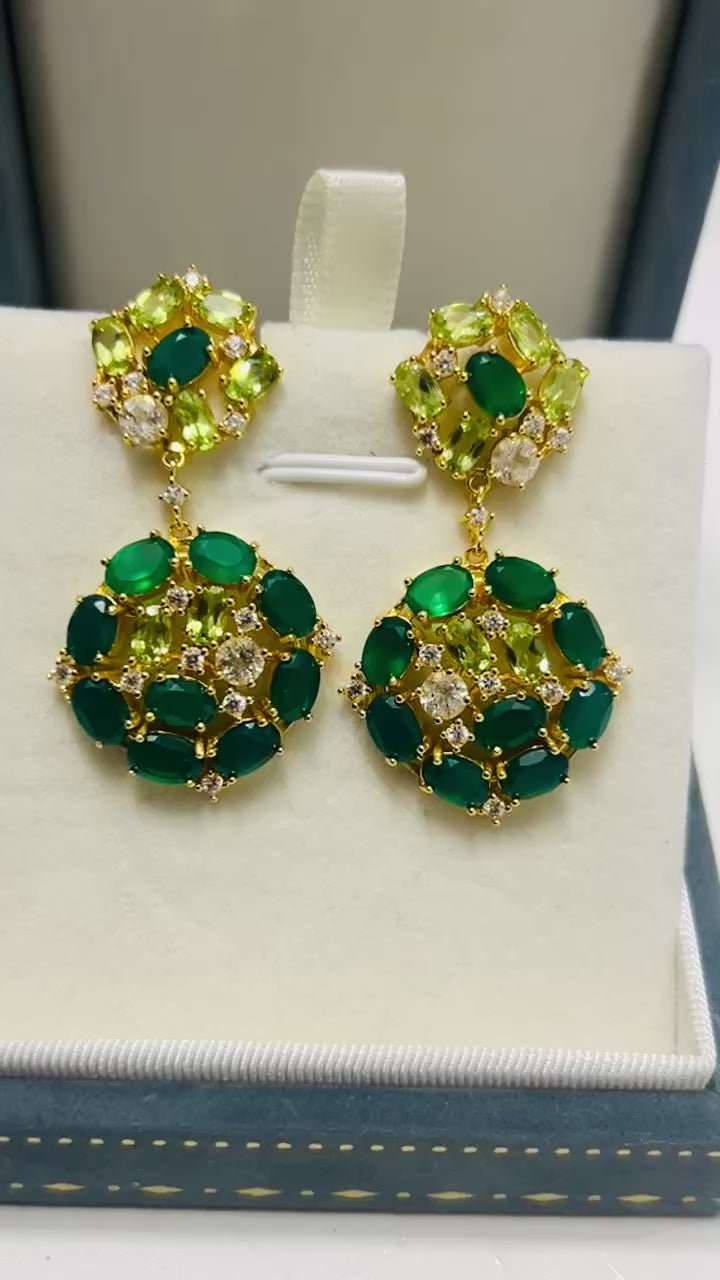 Emerald Green Agate & Peridot Gold Vermeil Cluster Earrings