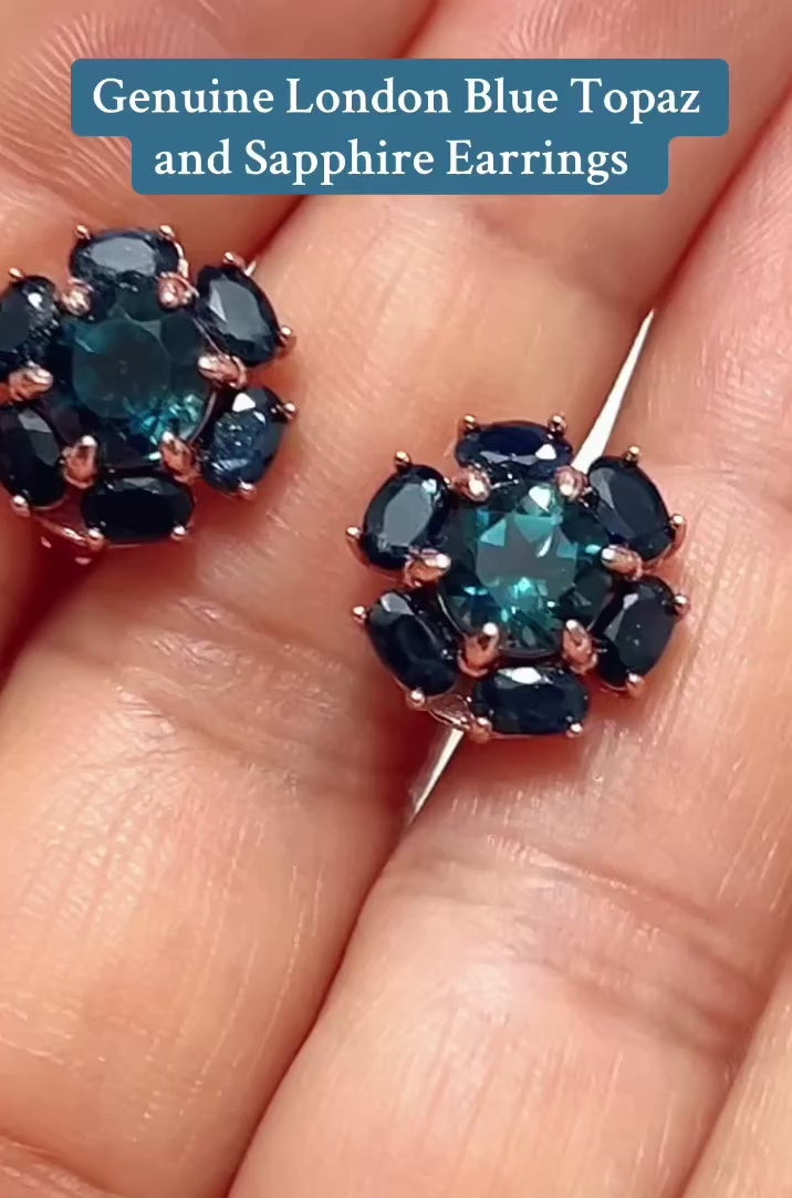 Handmade Genuine London Blue Topaz & Sapphire Rose Gold Plated Earrings over Sterling silver