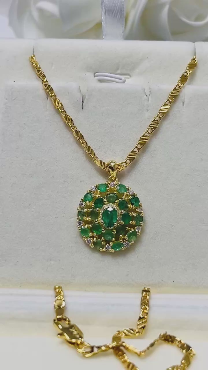Natural Emerald Flower Cluster Pendant – 18K Gold Vermeil Sterling Silver