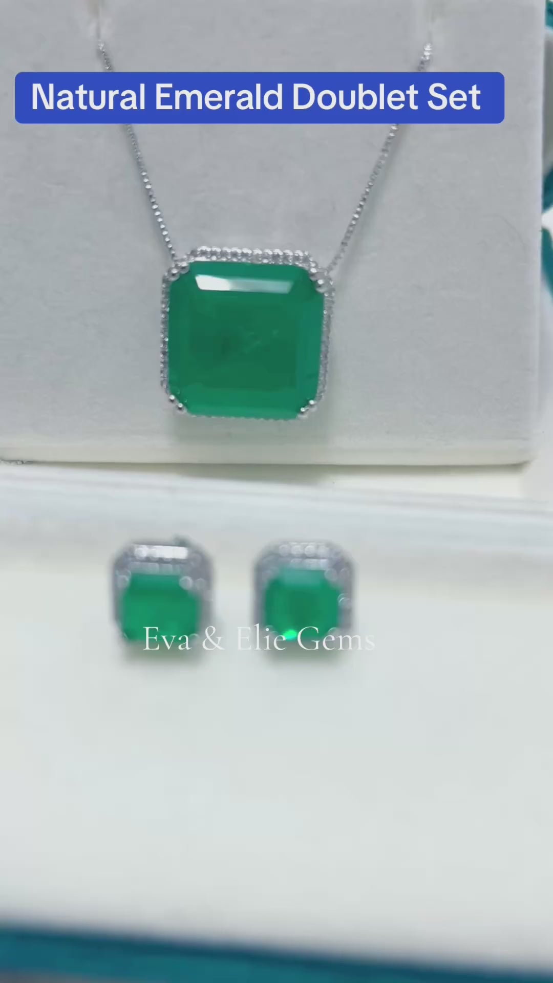 Video showcasing Bold 24ct Zambian Emerald Doublet Necklace and Stud Earrings Set, featuring vibrant stones and elegant design.