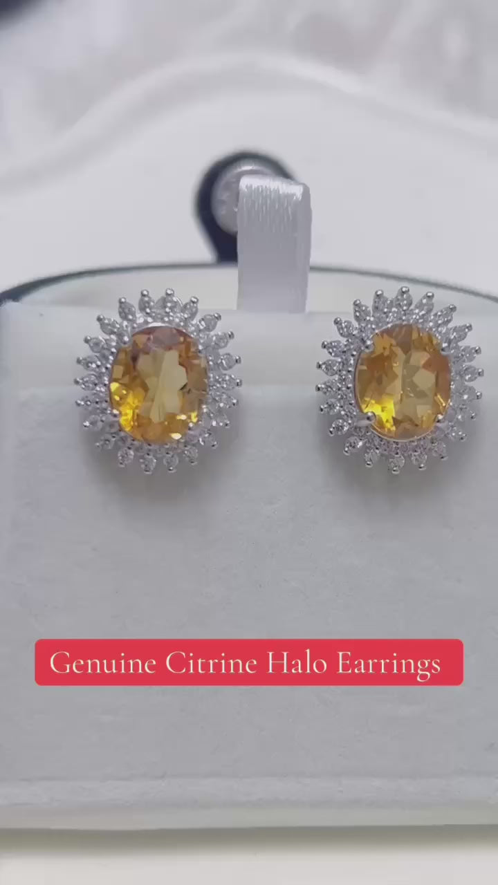 Natural citrine earrings with a brilliant halo, perfect for everyday glam.