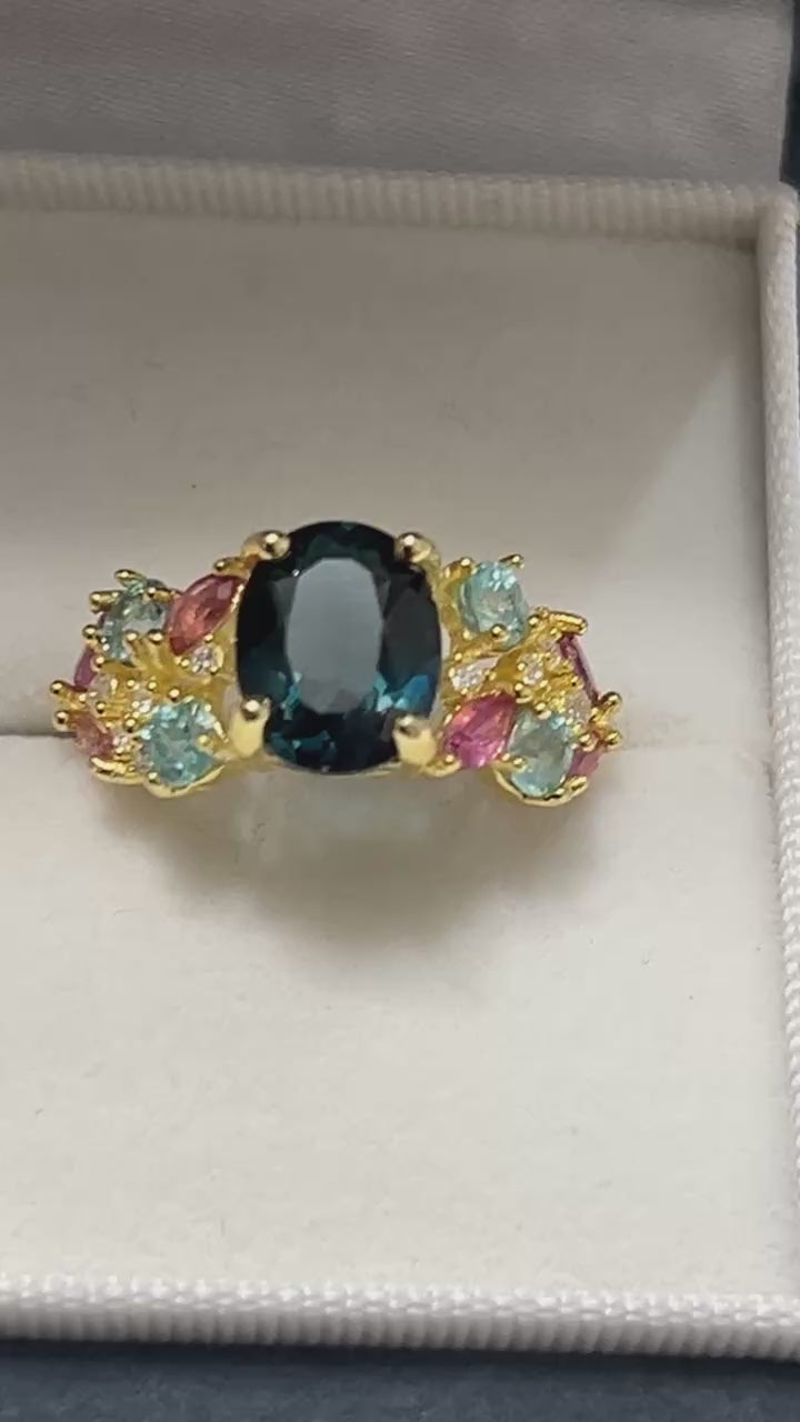 London Blue Topaz Solitaire Ring with Pink Tourmaline Accents – 18K Gold Vermeil