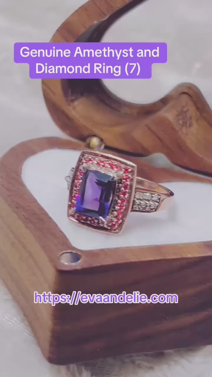 Genuine amethyst & natural diamond double halo ring