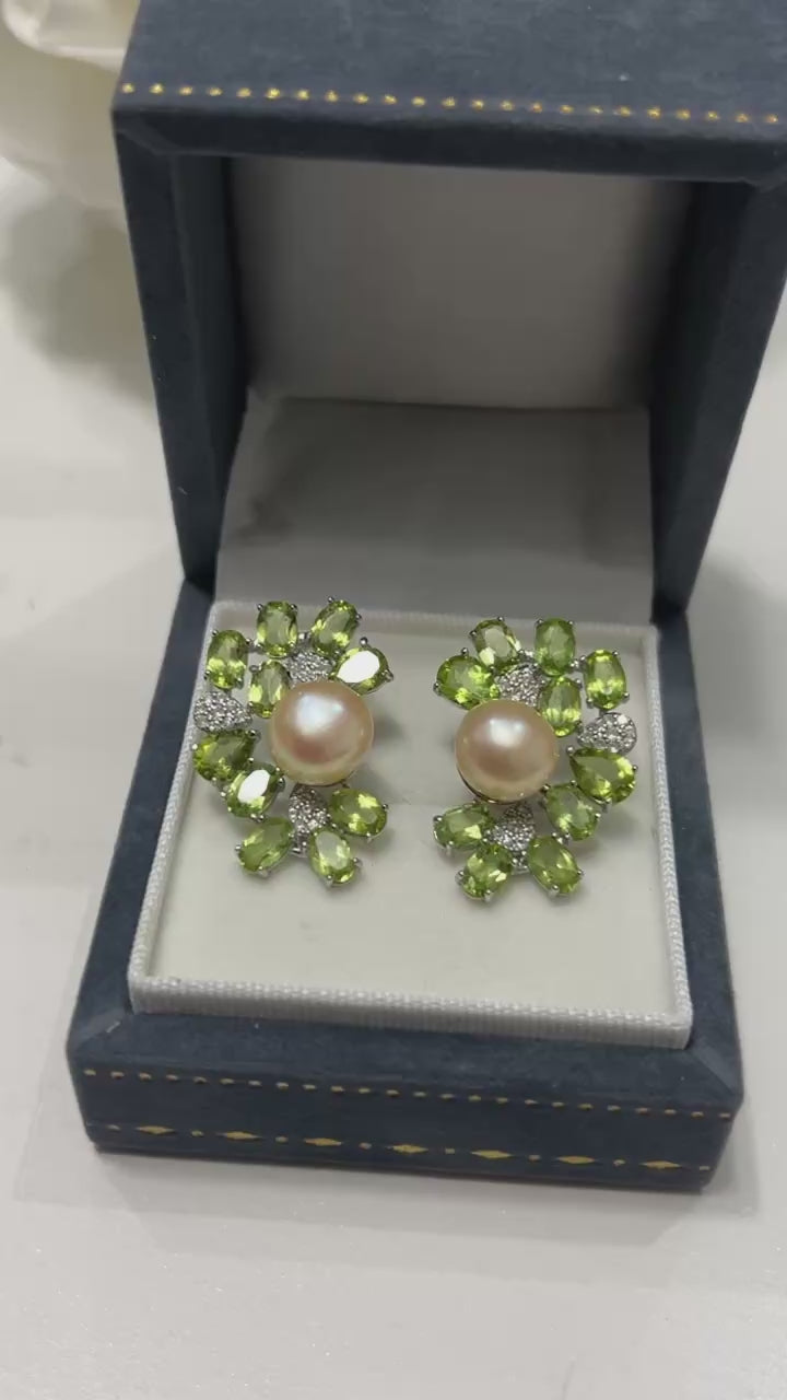 Genuine Pearl & Peridot Floral Glow Studs (Handmade- Artisan)