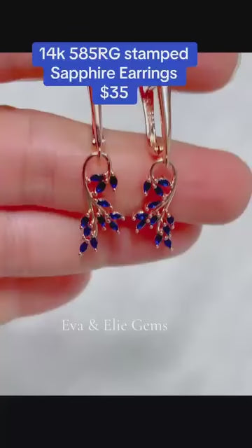  14K RG stamped dangle earrings with natural blue sapphires.
