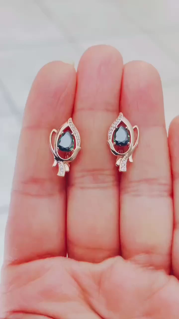  Iridescent mystic topaz leaf-shaped earrings in 14K 585RG stamped gold filled.