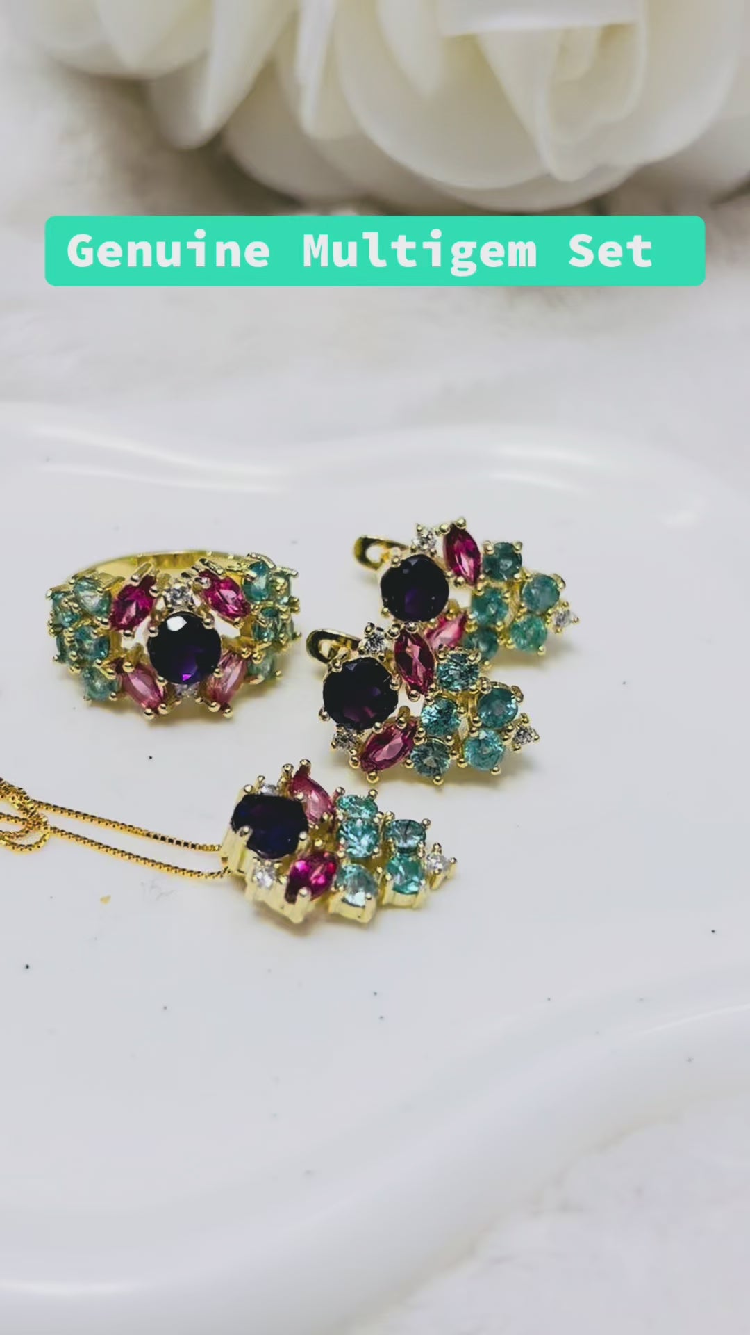 Handmade Amethyst, Paraíba Tourmaline & Pink Sapphire Jewelry Set – 18K Gold Plated Sterling Silver