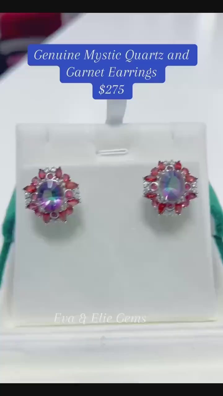 Dazzling genuine Mystic Quartz & Garnet earrings. Features a colorful center stone and red halo.