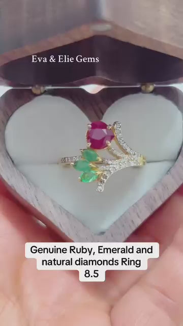 Natural ruby, emerald, and diamond ring, elegant and genuine.