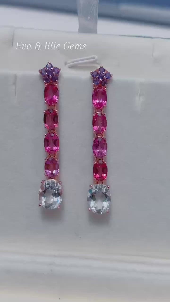 Elegant Topaz and Amethyst dangle earrings. Multi-stone bar design for a stylish look.