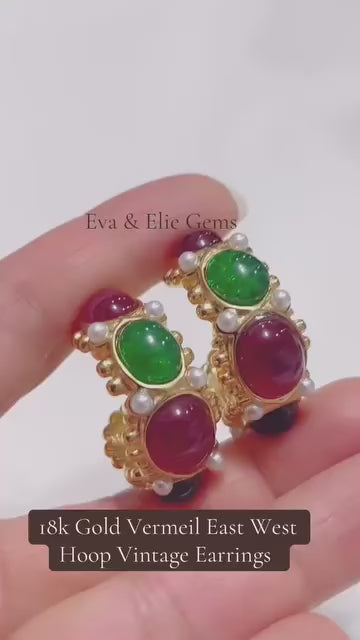 Vintage-inspired 18k gold vermeil hoop earrings with green & red gemstones.