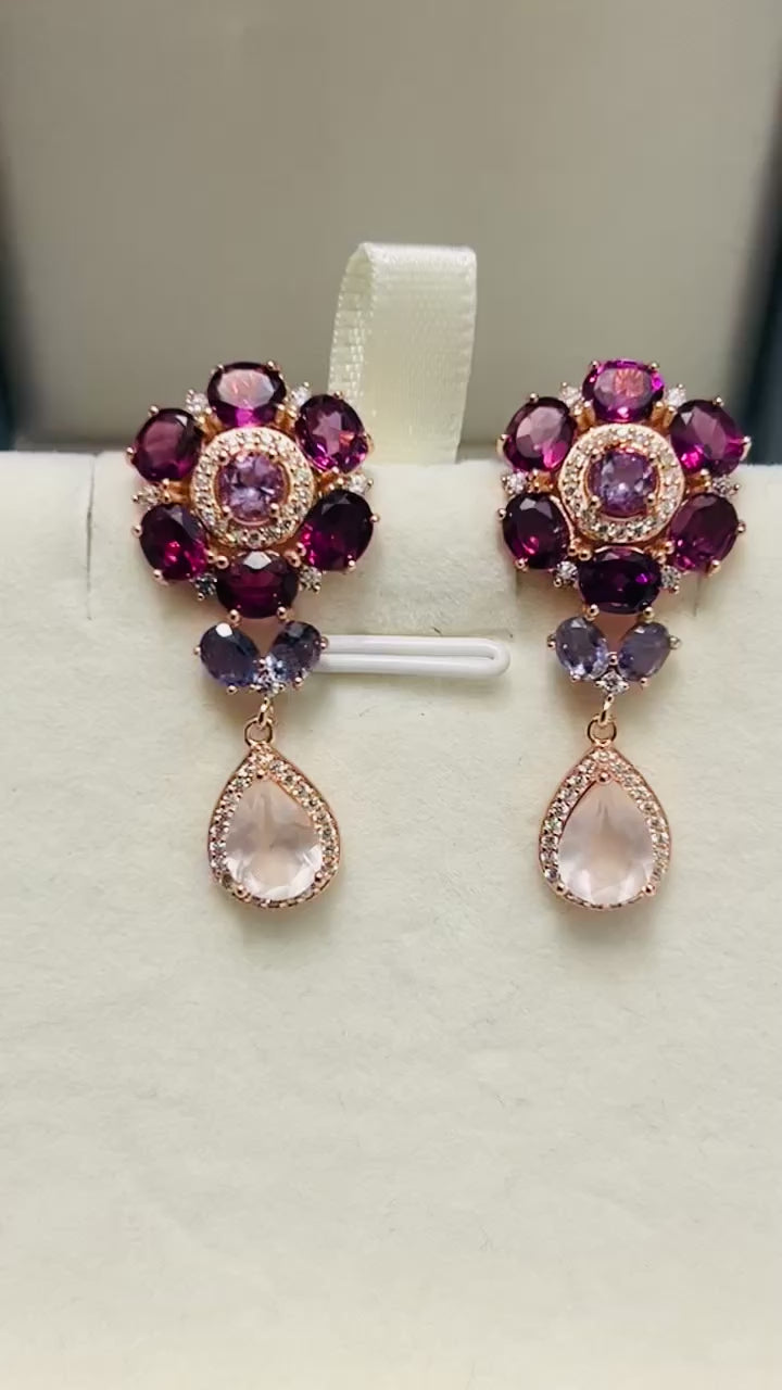 Handmade Rhodolite & Rose Quartz Floral Drop Earrings
