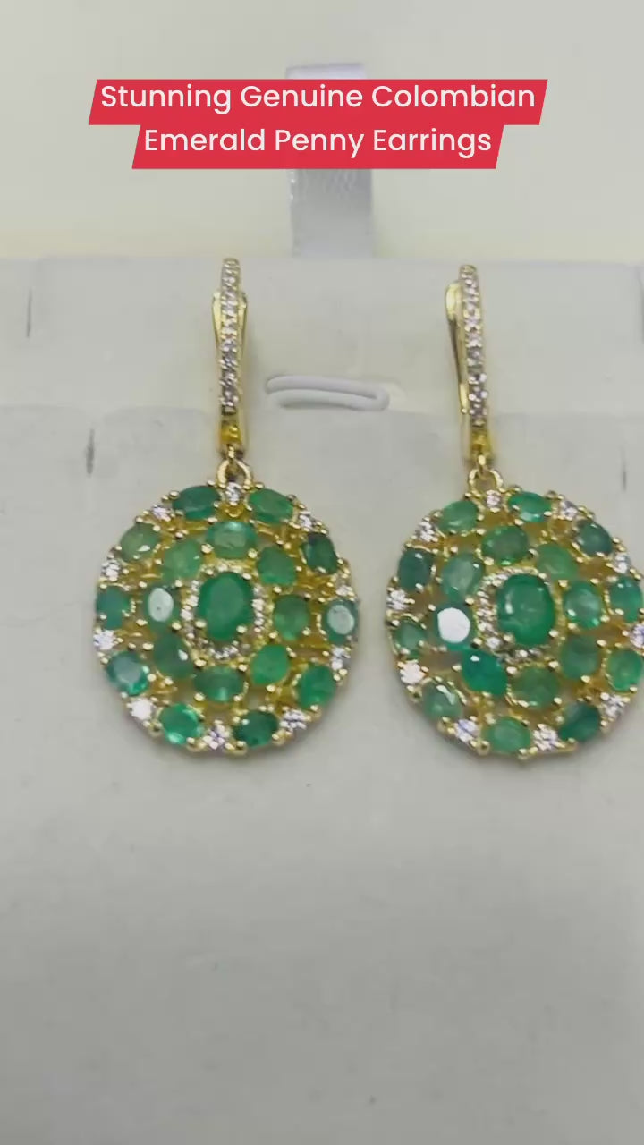 Natural Emerald & White Sapphires Flower Cluster Dangle Earrings – 18K Gold over Sterling Silver