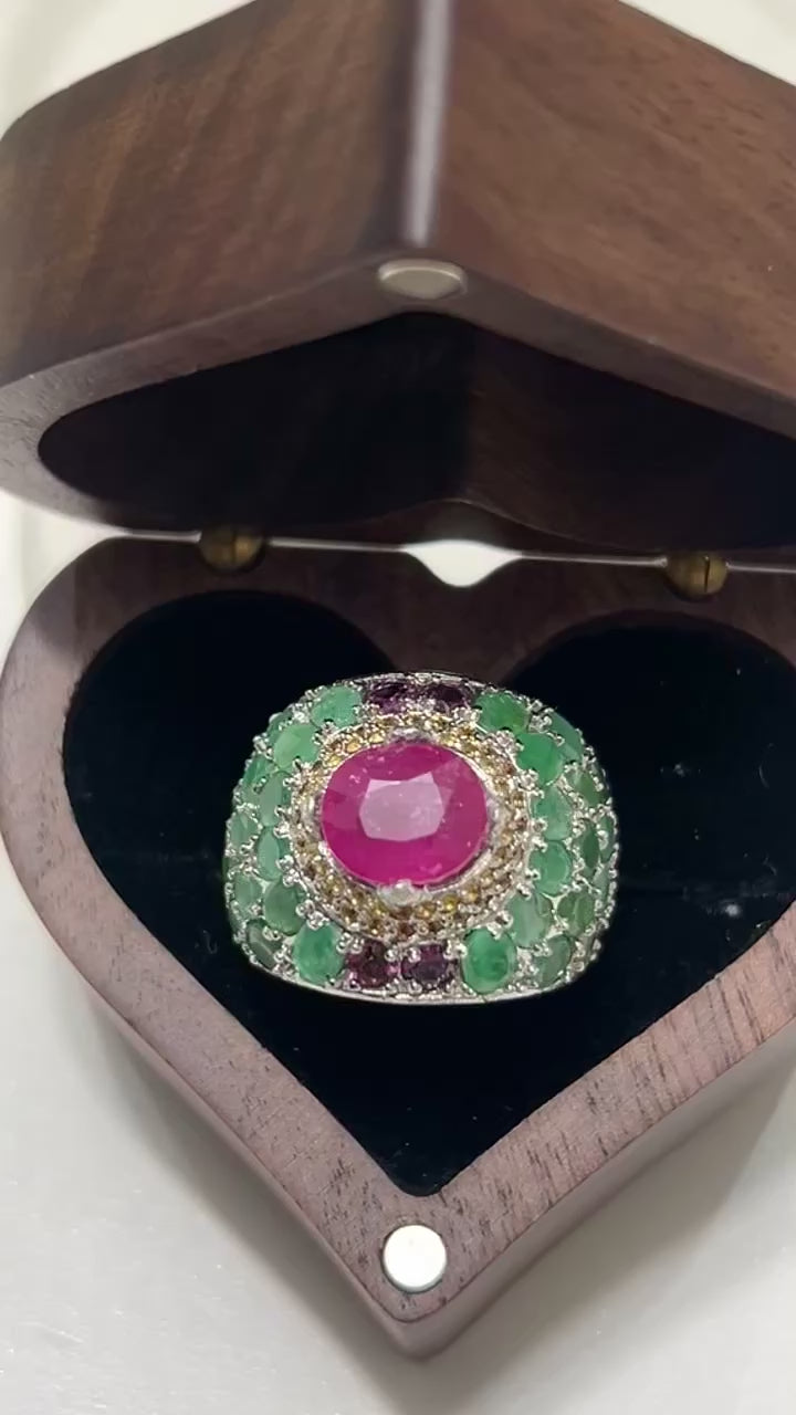 Handmade Peacock Ring with genuine Rubies and Emerald