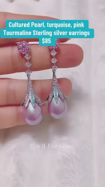 Elegant pink pearl and turquoise dangle earrings with sparkling pink tourmaline accents.