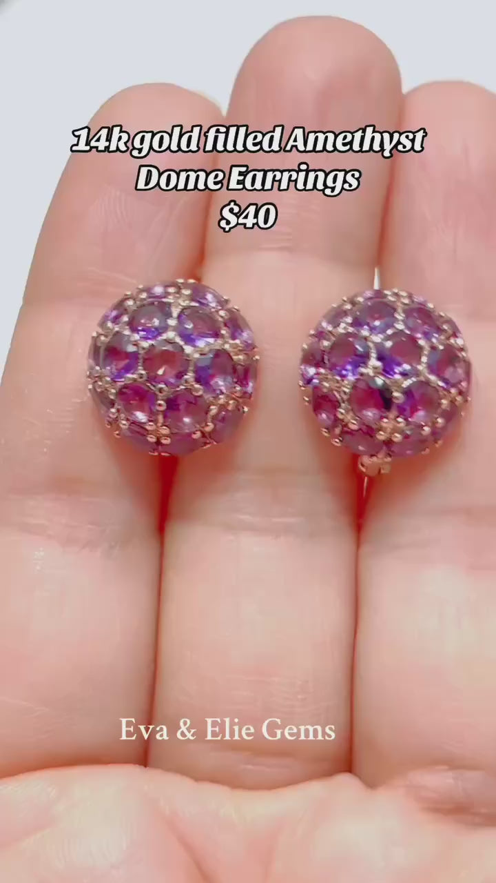 These exquisite dome earrings are adorned with vibrant amethyst gems in a rose gold setting.