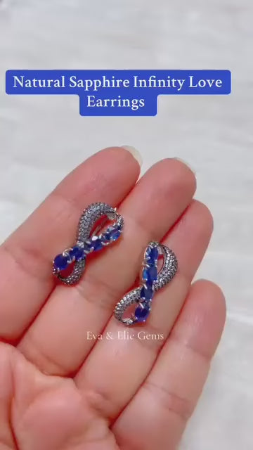 Natural blue sapphire infinity love earrings in sterling silver.