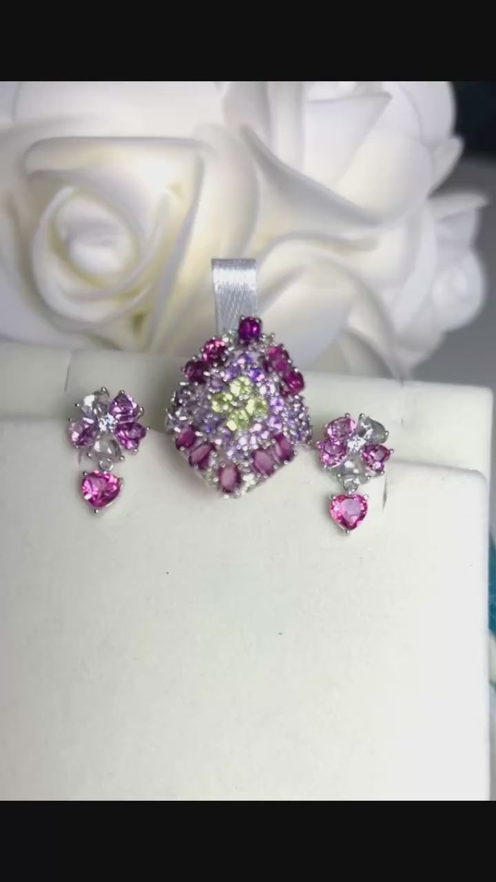 Handmade Rhodolite Garnet, Pink Mystic Topaz, peridot Set