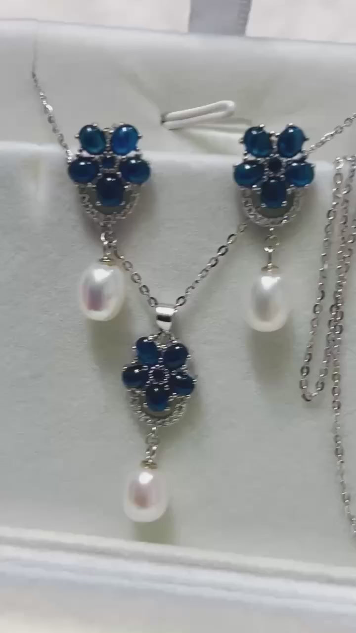 Genuine blue sapphire flower and pearl drop necklace & earrings set.
