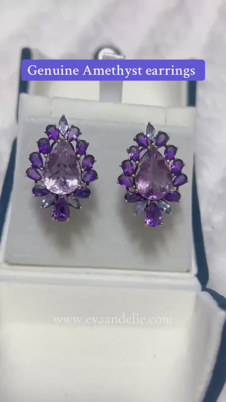 Eva & Elie pink and purple amethyst earrings displayed in motion