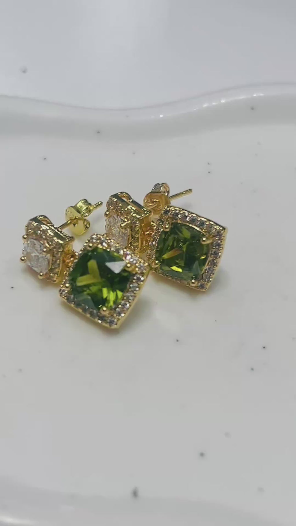 Green Peridot and White Topaz Square Design Earrings