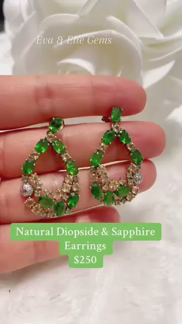  Elegant handmade drop earrings with a vibrant mix of chrome diopside and sapphire.