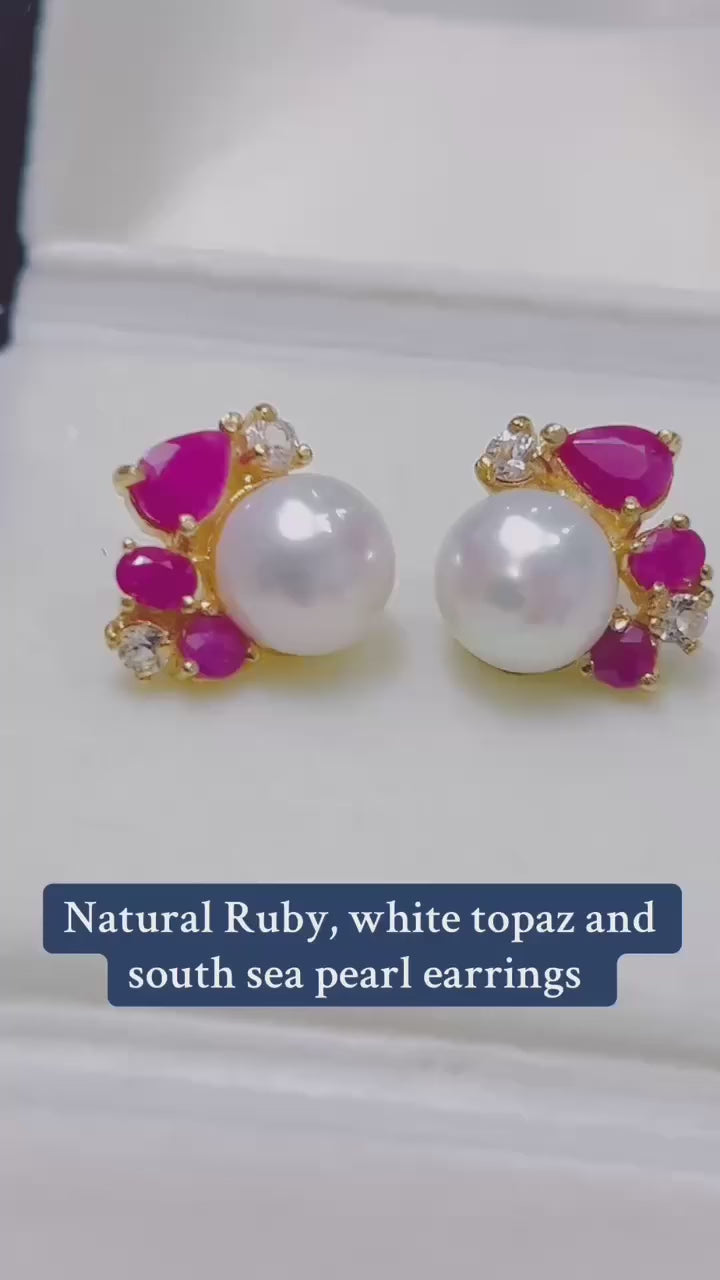  Elegant South Sea pearl dangle earrings with ruby and white topaz.