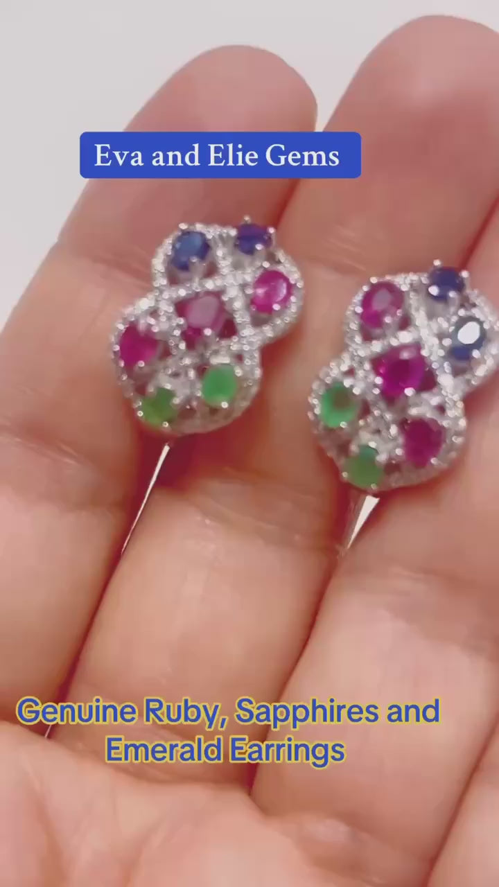 Elegant emerald, ruby, & sapphire cluster earrings in white gold vermeil.