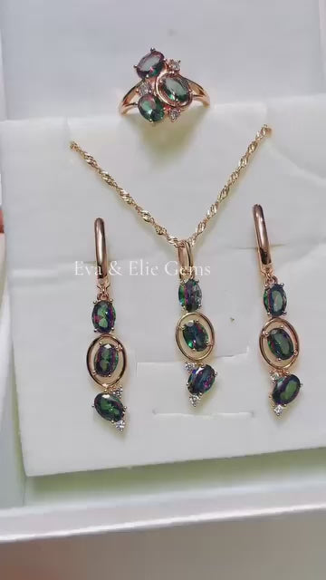 Coordinated mystic topaz jewelry set with dazzling sparkle, including ring, pendant, and earrings.