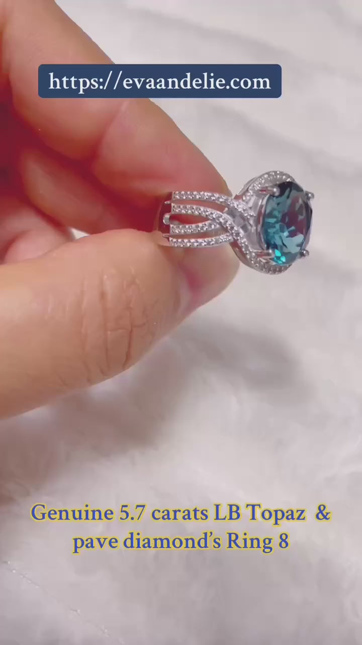 Impressive 5.7 carat London Blue Topaz and diamond ring. Size 8, sparkling blue jewelry.