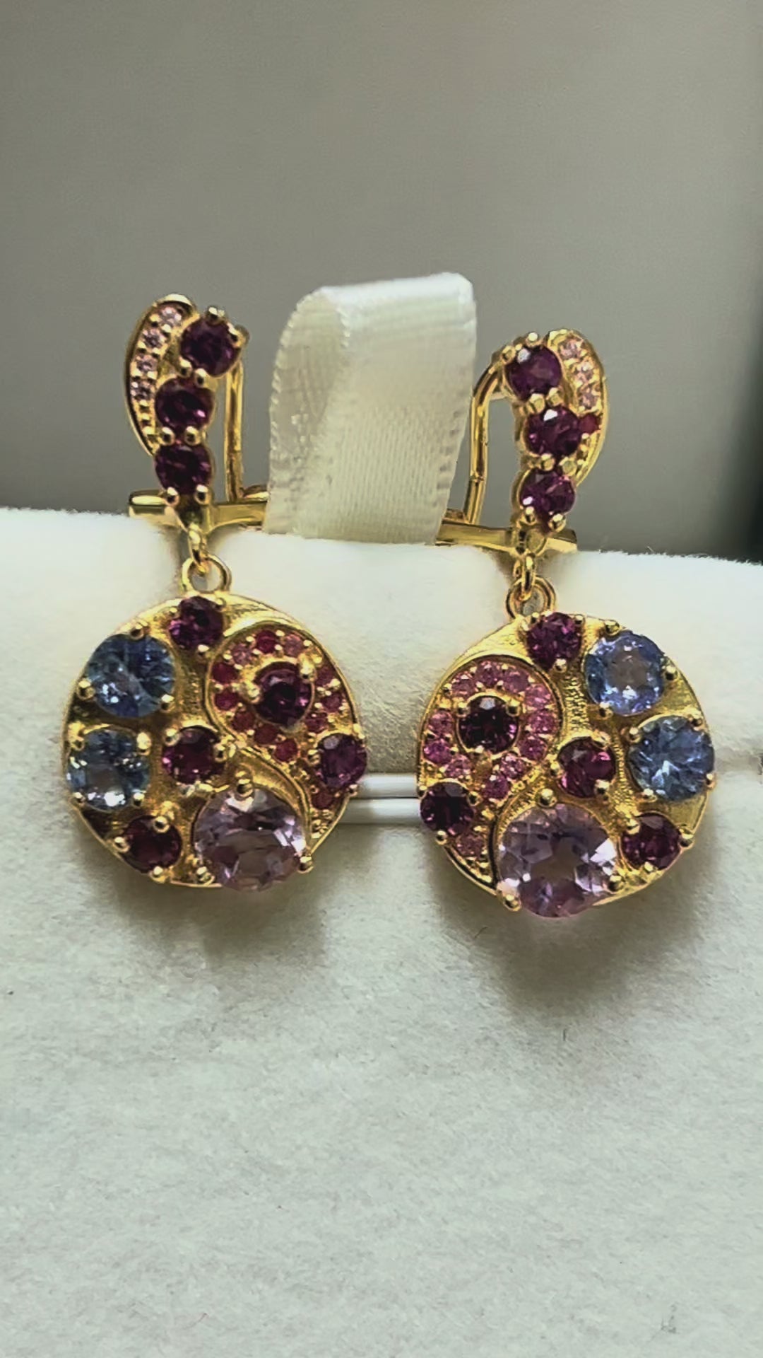 Handmade 18k Vermeil Medallion Earrings with Natural Tanzanite Garnet and Sapphires