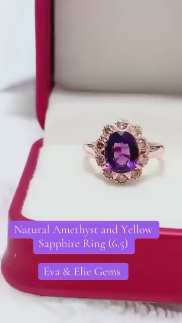 Natural amethyst & yellow sapphire ring in sterling silver, size 6.5.