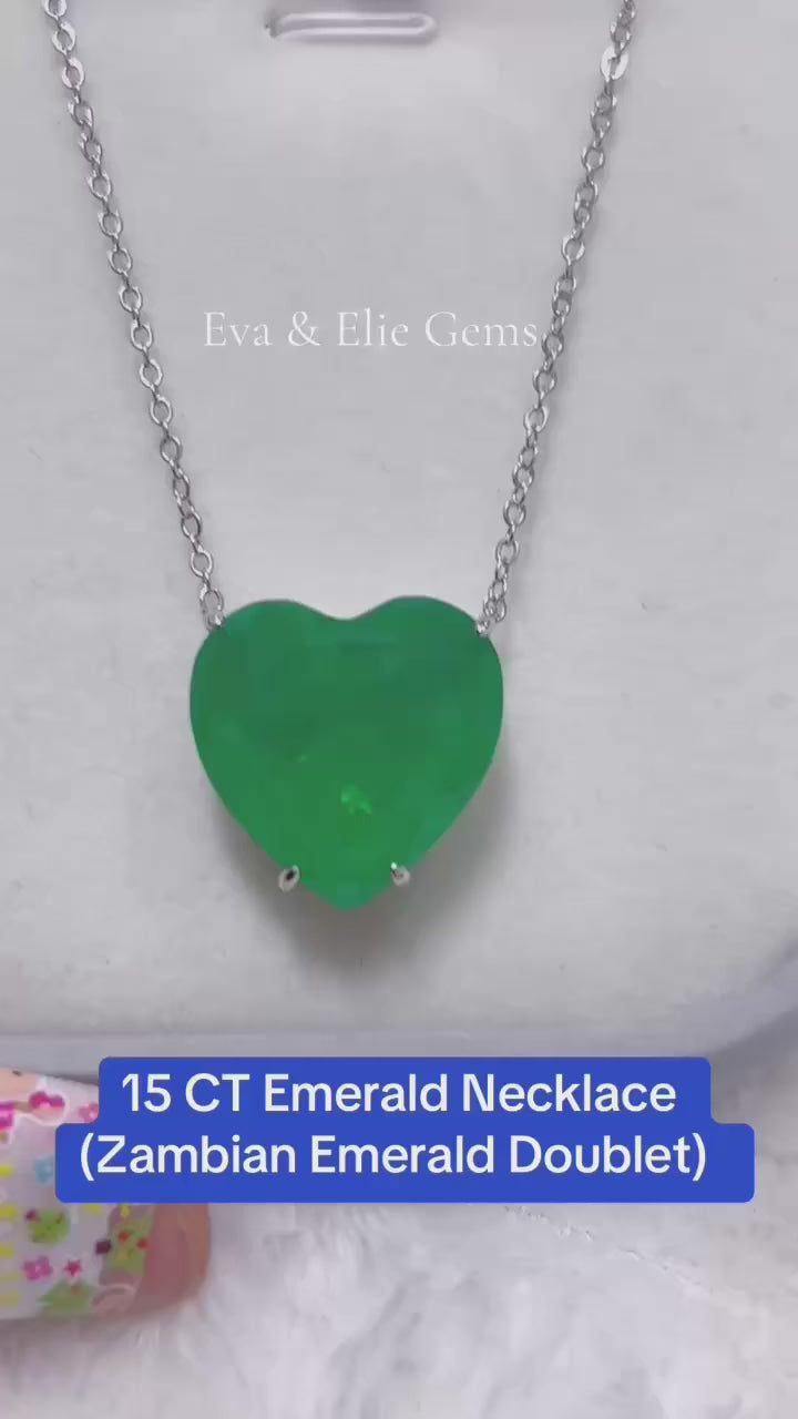 Stunning heart-shaped Zambian Emerald Doublet necklace. 15 CT, exquisite green color.