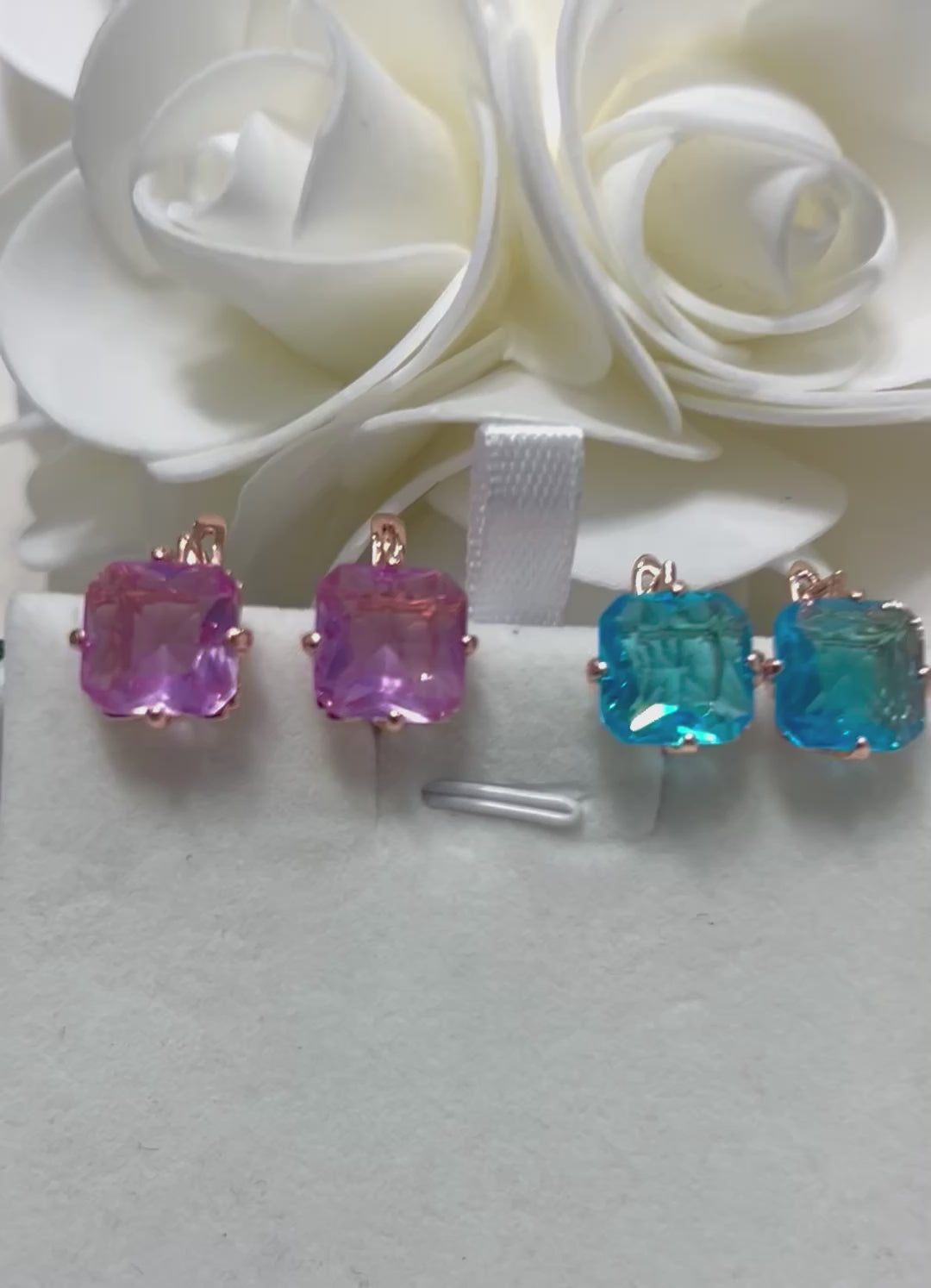 14K Rolled Gold Pink or Blue Topaz Minimalistic Square Drop Earrings