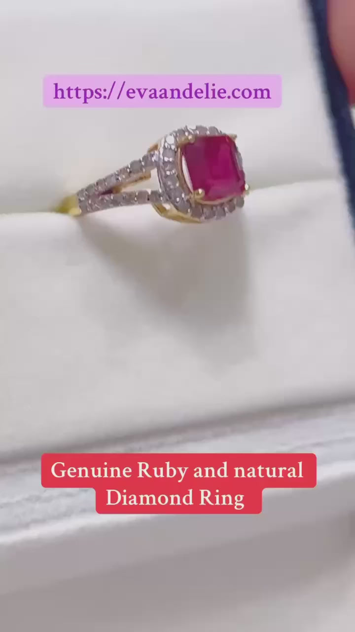 Genuine ruby and natural diamond halo ring in gold-toned setting from Eva and Elie.
