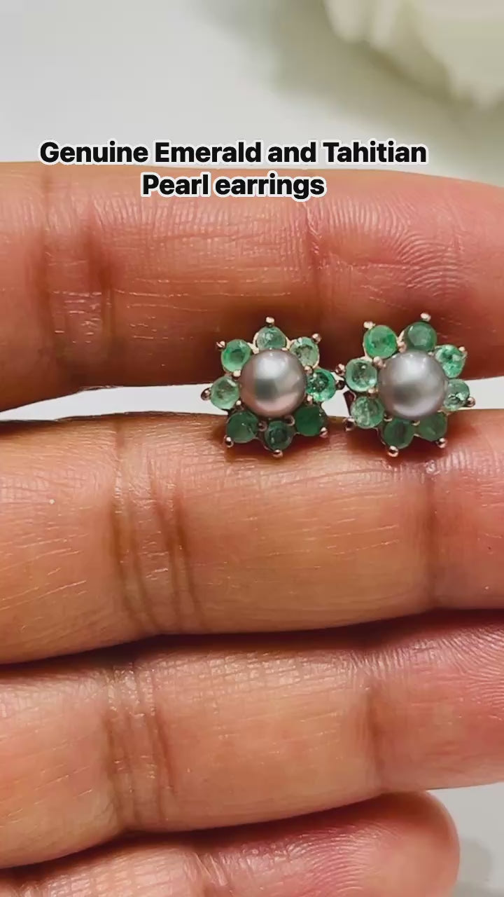 Tahitian Grey Pearl & Emerald Stud Earrings – 18K Rose Gold Vermeil Sterling Silver