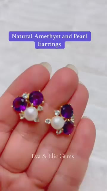 Handmade Natural Sterling Silver Amethyst and Pearl PetiteEarrings