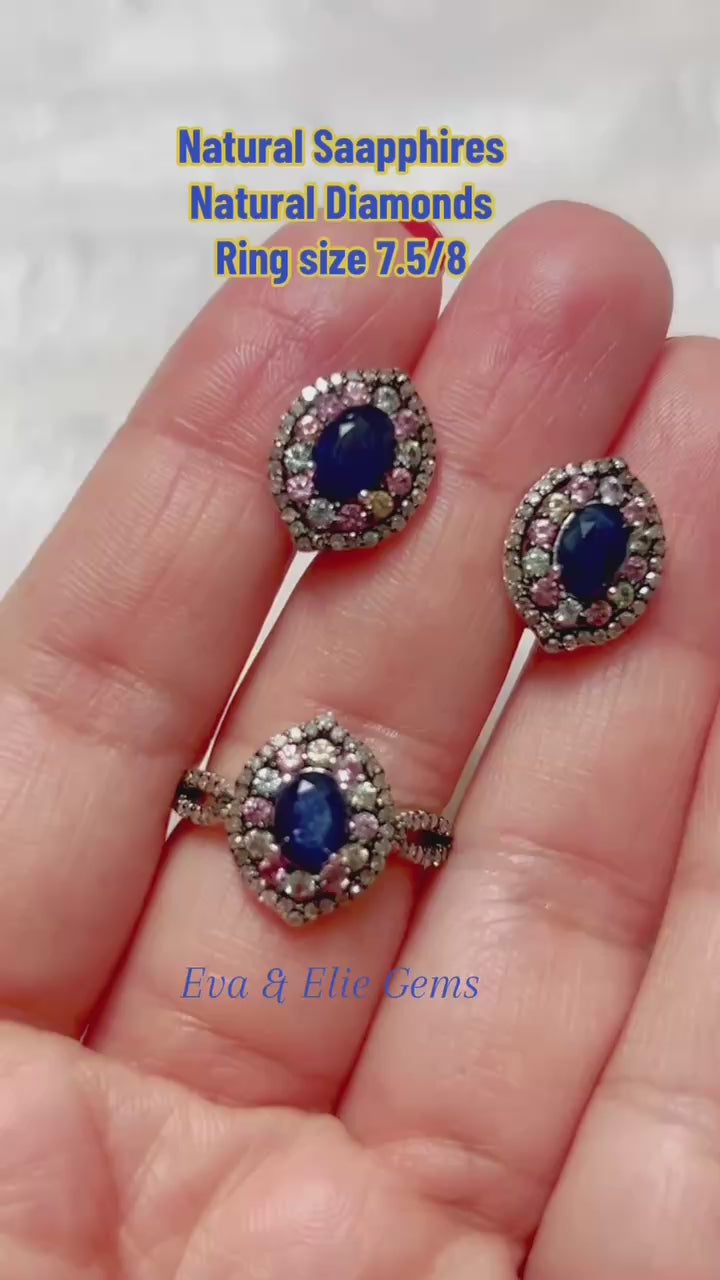 Handmade Natural Ceylon Blue Sapphires, coloured Sapphires and Natural Diamonds Jewelry Set