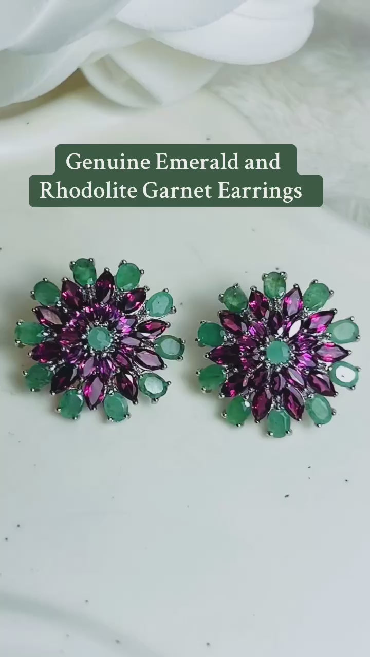 Handmade Emerald and Rhodolite garnet earrings- Sunburst Collection