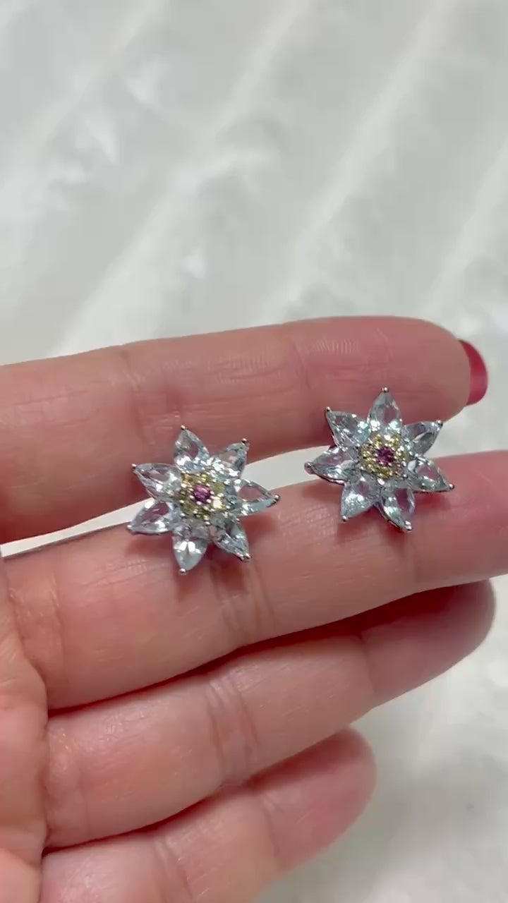 Handmade Aquamarine Diamond Snowflake Earrings in 14k Yellow Gold Vermeil 925 s