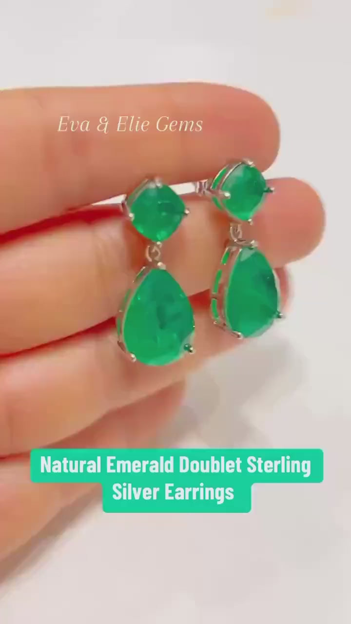 Beautiful green Zambian emerald doublet earrings by Eva & Elie Gems, perfect for a touch of natural elegance.