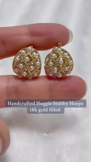 18k gold-filled huggie hoops with seed pearls, perfect for a vintage-inspired look.