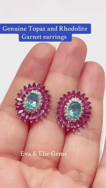 Genuine Swiss blue topaz & rhodolite garnet halo earrings by Eva & Elie Gems.